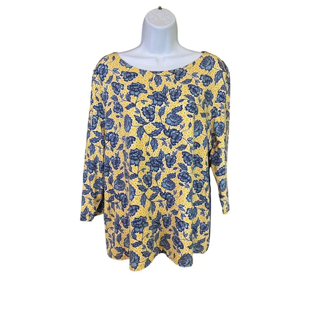 Talbots Women Button Back Top XL Floral Print Yellow Blue 3/4 Sleeve Cottagecore
